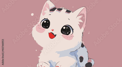 The image shows a white cat with distinct black spots on its face. The cats fur is predominantly white, with black markings concentrated around its eyes, nose, and mouth. The cat appears curious and a