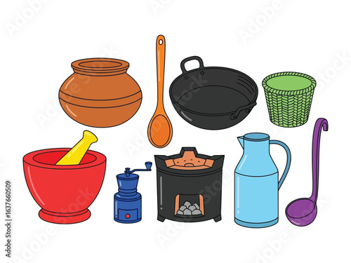 Colorful Culinary Tools: A collection of vibrant kitchen utensils, each meticulously rendered with clean lines and a flat design, offering a fresh and inviting aesthetic for any culinary project.