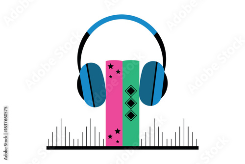 Audiobook concept. Books, headphones and sound track. Vector illustration on white background.