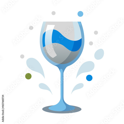 Abstract Empty Wine Glass Vector with Blue Silver Splashes Isolated on White