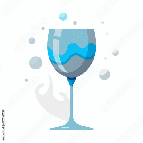 Abstract Empty Wine Glass Vector with Blue Silver Splashes Isolated on White