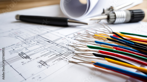 Wallpaper Mural Still Life Of Electrical Components Arranged On Plans. Close-up of electrical diagram beside tools and wires, top-down angle Torontodigital.ca