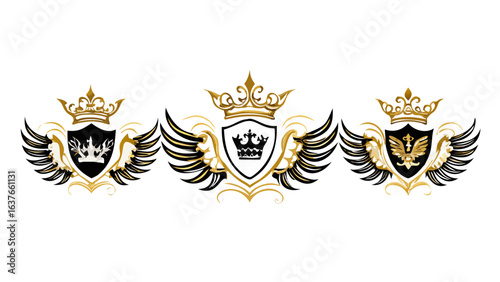 Three heraldic emblems featuring crowns shields and wings in gold and black design elements on white