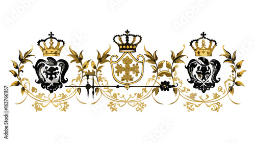 Crowns heraldry royal crest vintage floral decoration golden ornate design elegant luxury decorative emblem vector