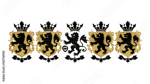 Five heraldic shields displaying black lions surmounted by crowns in a symmetrical arrangement