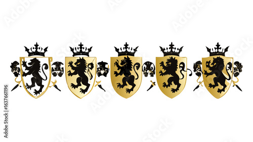 Lion heraldry crests heraldic shield crown royal family coat of arms medieval emblem vintage design gold black