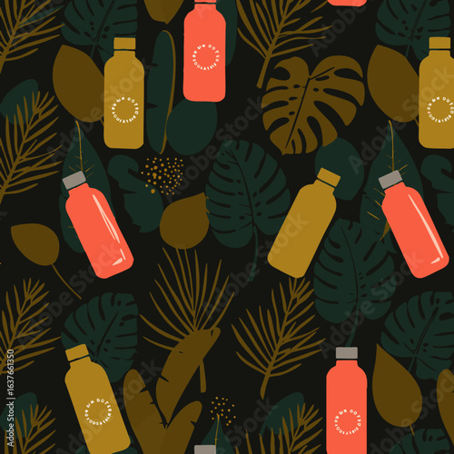 This stylish seamless pattern features vibrant orange and mustard yellow bottles nestled amidst lush tropical foliage, creating a modern, refreshing, and versatile design.