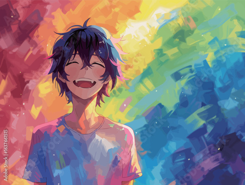 A person stands in front of a vibrant rainbow background wearing a colorful shirt. The individuals attire pops against the vivid multicolored backdrop.