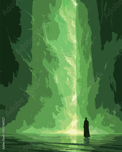 A lone man stands in awe before a colossal green waterfall, its thunderous rush creating a mesmerizing spectacle. The water plunges down from great heights, enveloping the surroundings in a misty veil
