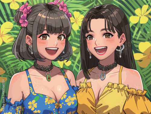 Two women are standing side by side in front of a vibrant display of colorful flowers. They are both looking directly at the camera, smiling. The women are wearing casual clothing and appear to be enj