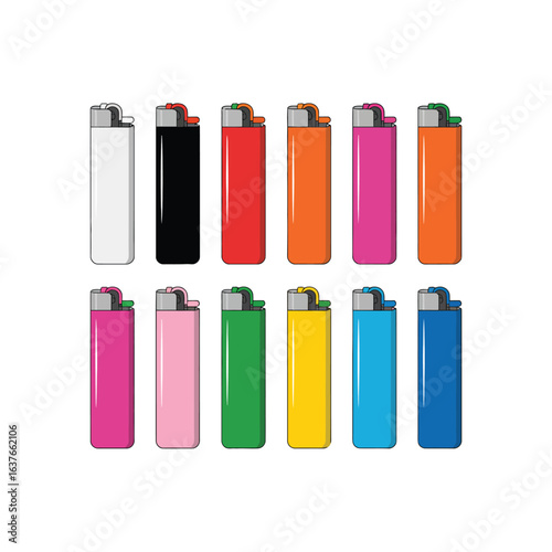 Collection of colorful disposable lighters arranged in two rows on a white background