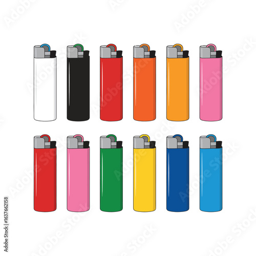 Collection of colorful disposable lighters arranged in two rows on a white background
