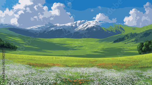 A breathtaking painting capturing a lush green field stretching towards towering mountains in the distance. The vivid colors and intricate details transport viewers to a serene and picturesque landsca
