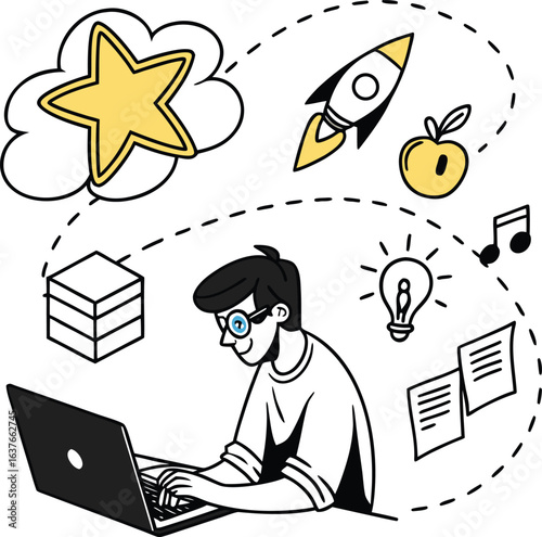 Vector cartoon illustration of a businessman and a businesswoman working on a laptop at their office desks