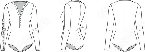 Women’s long sleeve bodysuit flat sketch, fashion technical drawing, front side back view, button placket design, body-hugging contour fit