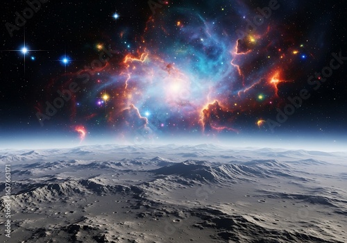 Extraterrestrial Landscape with Nebula and Stars in the Sky