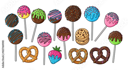 Illustration Art Vector with Cake Pops Cookies Pretzels in Colorful Dessert Composition Design