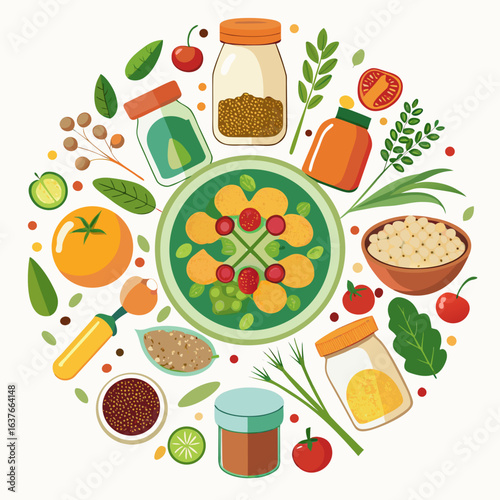 Vegan Pantry Staples Radial Design Vector Isolated on White