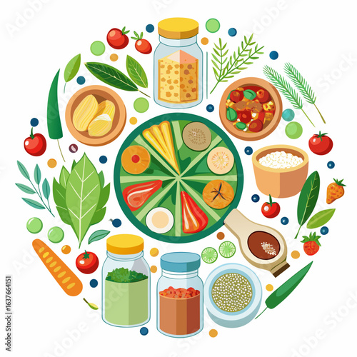 Vegan Pantry Staples Radial Design Vector Isolated on White