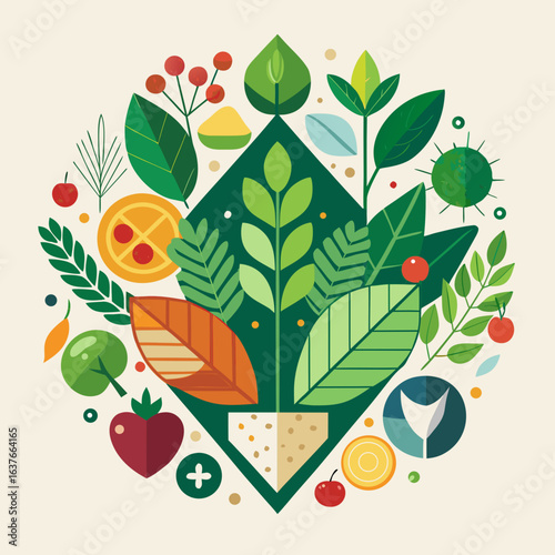 Geometric Vegan Ingredients Vector Flat Design Isolated on White
