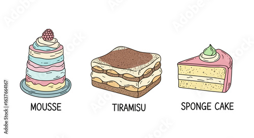 Food Illustration Vector of Mousse Tiramisu Sponge Cake Pastry Desserts Modern Style