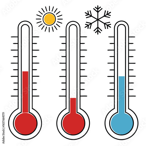 Three thermometers showing different temperatures, hot, cold, and medium.
