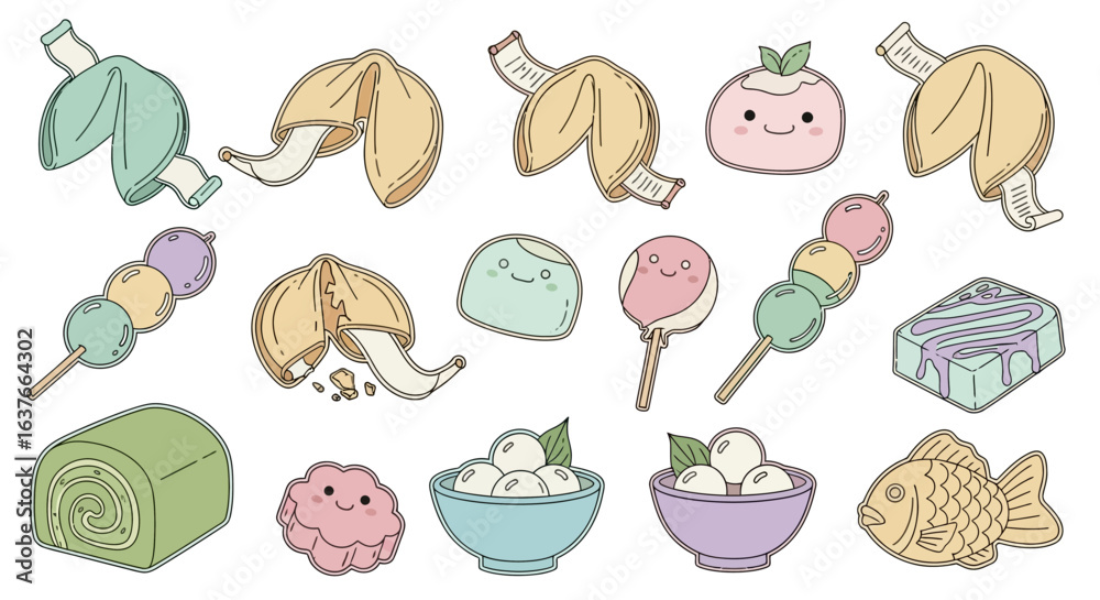 Fototapeta premium Illustration Vector Set of Asian Desserts Food Sweets Kawaii Style pastel colors