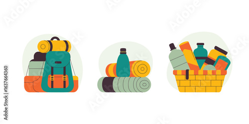 Collection of colorful camping gear and outdoor adventure essentials