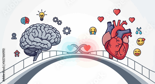 Illustration Art Vector Showing Brain and Heart Connected by a Bridge with Gears and Emoji Icons