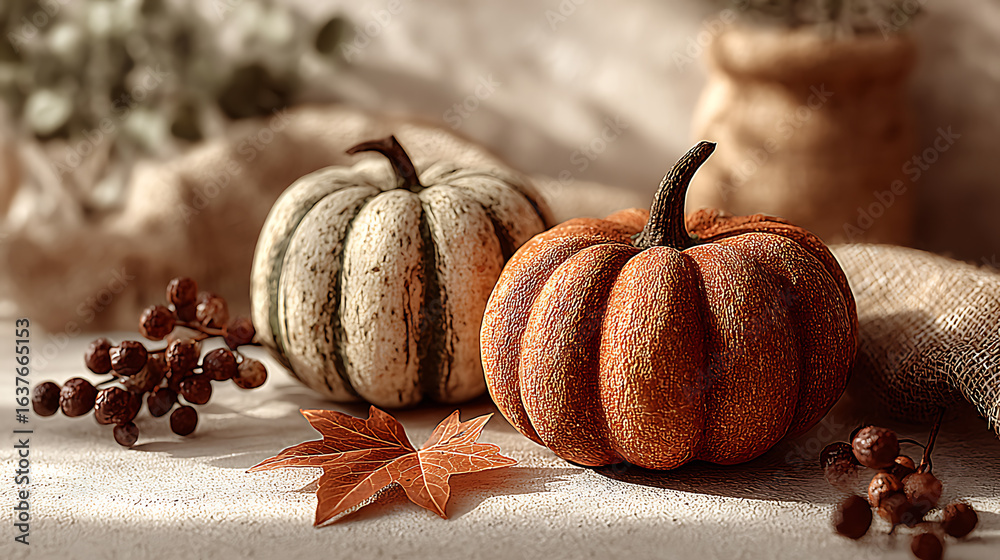 Fototapeta premium Minimalist Thanksgiving Autumn Scene: Pumpkins, Leaves & Berries on Light Background with Ample White Space