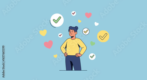 Illustration Art Vector with Standing Person Hearts Checkmarks in a Modern Style Light Blue Background