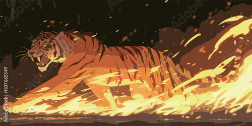 A tiger is running through a fire, with its claws digging into the ground. Concept of danger and excitement, as the tiger is in a wild and unpredictable environment