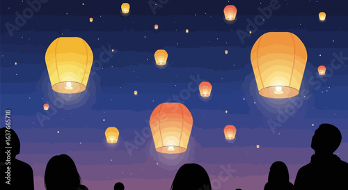 Illustration Vector of Sky Lanterns with People Silhouettes in Night Sky Background with Stars Editable
