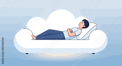 Illustration Vector of Person Sleeping on Cloud Couch Minimalist Style