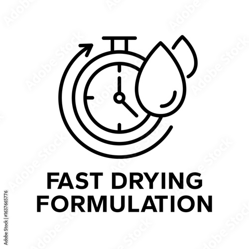 Quick dry icon set. Quick and fast clock dry wet clothes symbol. Fast drying formulation. Quick dry label product packaging design, logo, badge, circle, water drop, flat vector, isolated illustration.