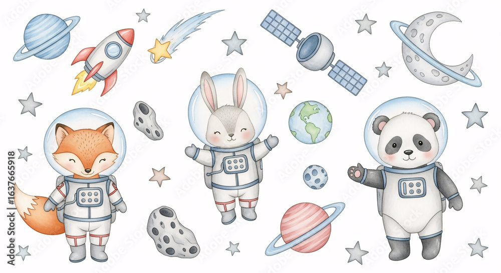 Fototapeta premium Cute Space Animals Clipart – Astronaut Fox, Bunny, Panda with Planets and Stars 