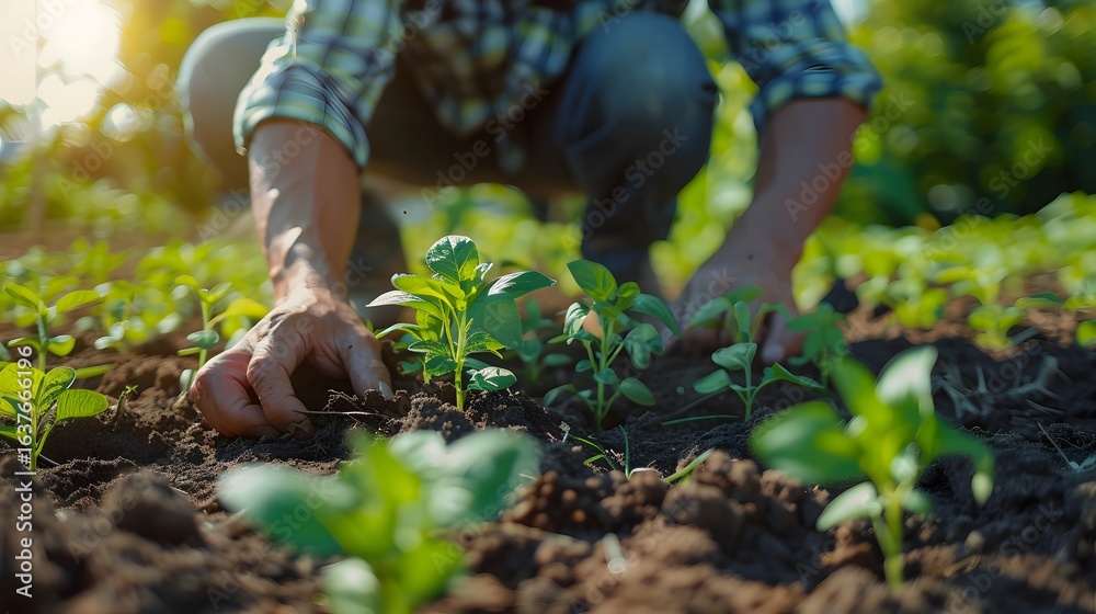 Naklejka premium Dedicated farmer carefully plants young seedlings in fertile soil under warm sunlight