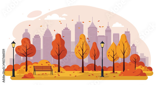 Autumn in the City Park with Building Silhouette in Background