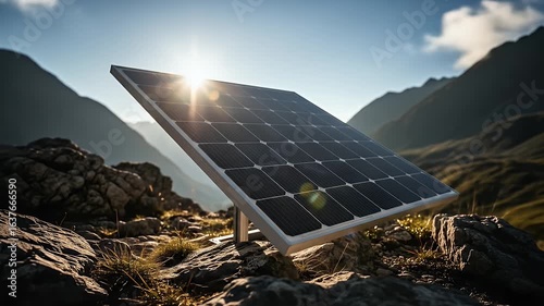 Solar panel generating clean renewable energy in a beautiful mountain landscape with the sun shining bright a symbol of sustainability and green power