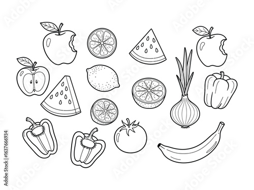 Black and White Fruit Collection: A captivating sketch showcases an assortment of delectable fruits and vegetables in a monochrome display. Including Apple, lemon, orange, watermelon, banana and more.