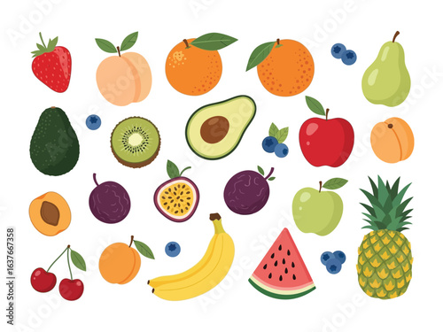 Colorful Fruit Assortment: A vibrant array of fresh, healthy fruits including strawberry, orange, apple, and more, inviting a taste of nature's bounty. 