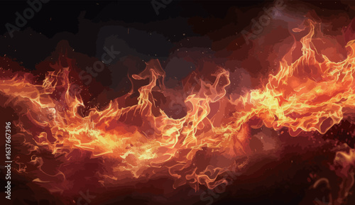A fiery, glowing line of fire with smoke and sparks. The fire is so bright and intense that it almost looks like it's alive. Concept of danger and excitement, as well as the power of nature