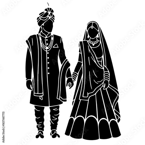 Minimal Hindu Wedding Couple Hand Holding Vector Illustration