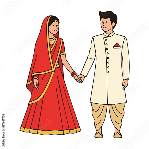 Minimal Hindu Wedding Couple Hand Holding Vector Illustration