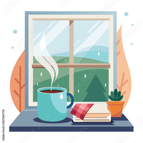 Rainy Day Window Mug Minimalist Vector Illustration Isolated on White