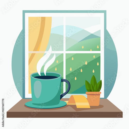 Rainy Day Window Mug Minimalist Vector Illustration Isolated on White