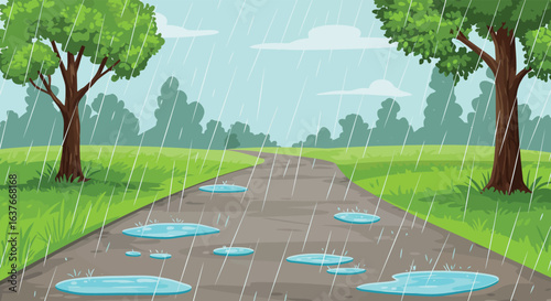 Rainy Road with Puddles and Trees Landscape Illustration silhouette