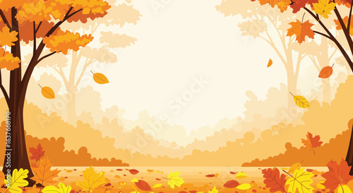 Autumn Landscape with Falling Leaves and Trees in Silhouette Style silhouette