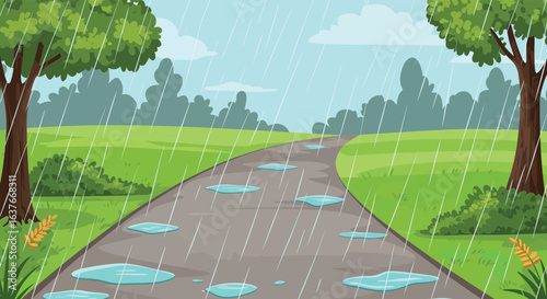 Rainy Day Park Path with Puddles and Trees silhouette