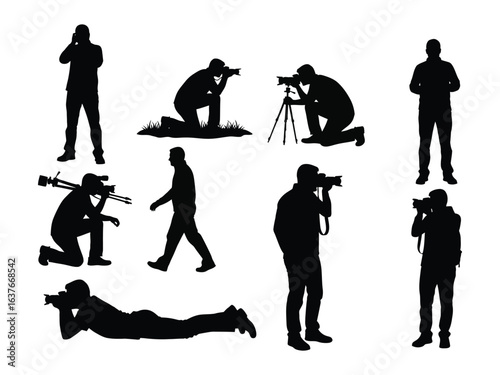 Photographer Silhouette Set: A dynamic collection of silhouette photographers in various action poses, capturing the art of photography in a variety of ways.